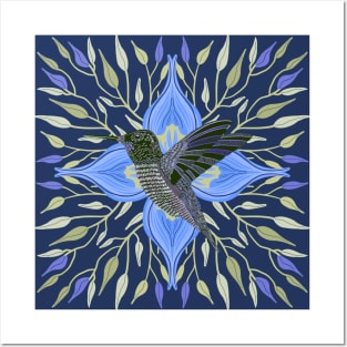 Hummingbird Blue and Green Flower and Leaves Design Posters and Art